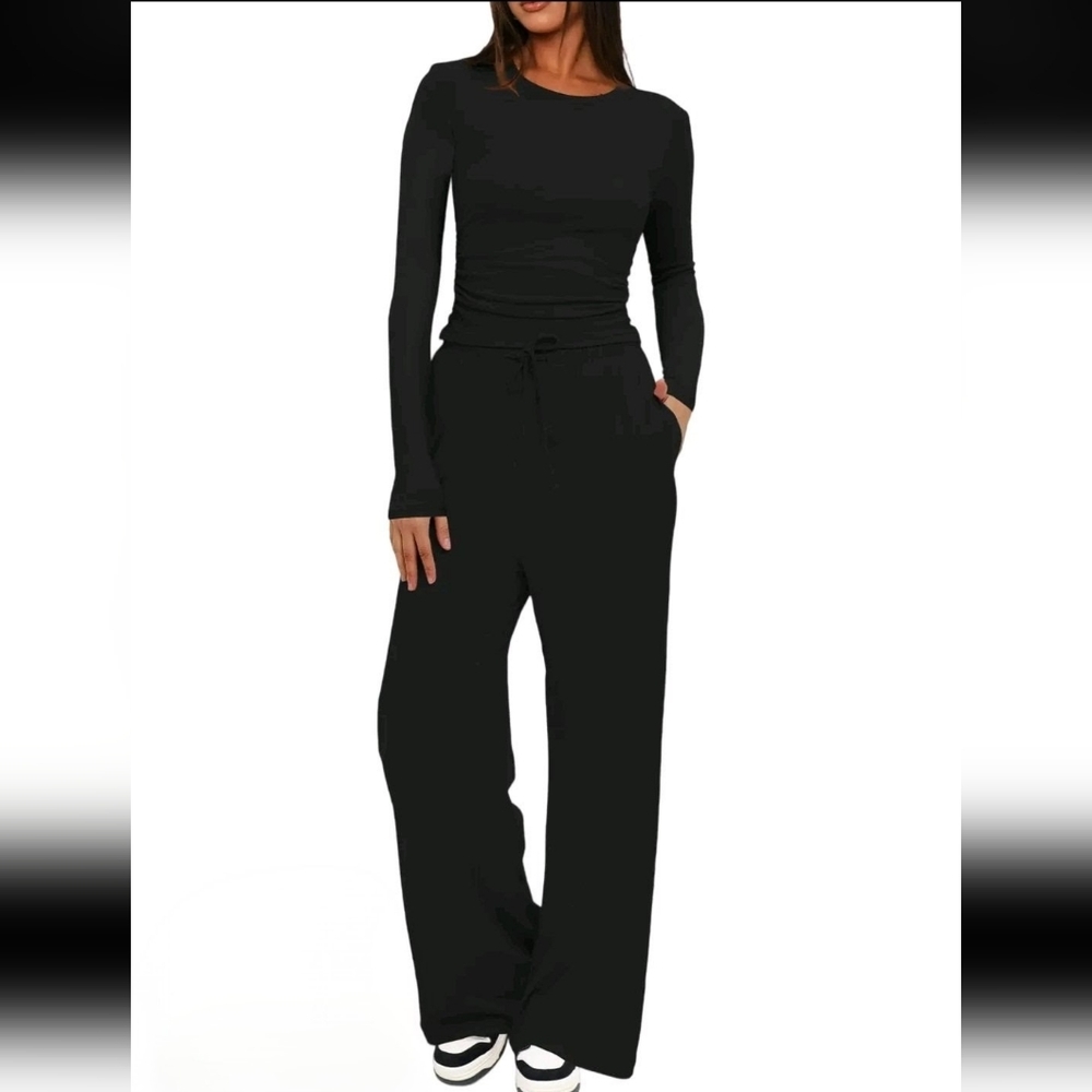New 2 Piece Outfits Lounge Sets Long Sleeve Tops Wide Leg Pants - Picture 6 of 6